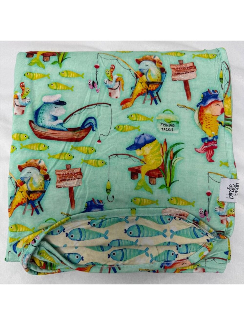 birdie bean Large Bamboo 45" Knit Fishing Fish Print Baby Blanket